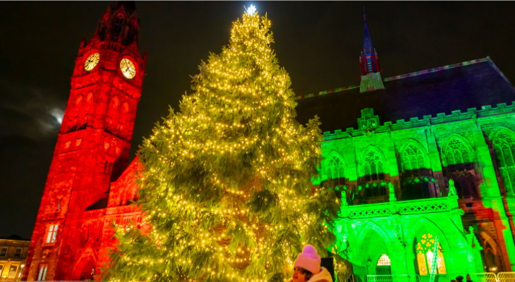 Rochdale Town Hall lit up in Christmas colours.