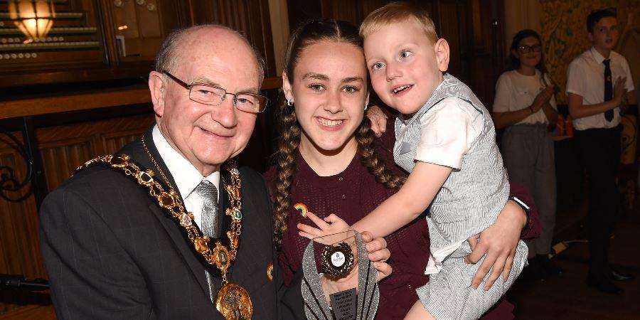 Mayor of Rochdale Billy Sheerin with Jade Kilduff and her brother 