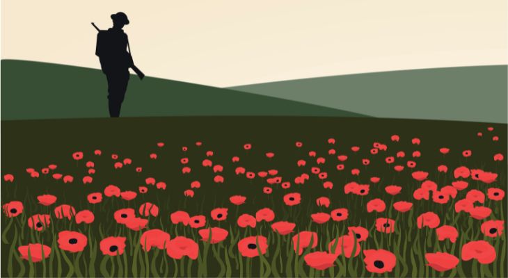 A World War One soldier standing in a field of poppies.