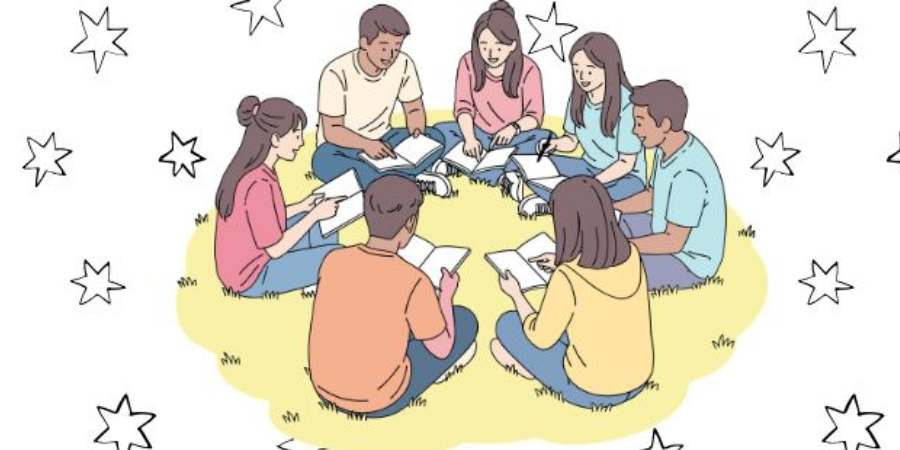 Illustration of group of friends sat reading in a circle.