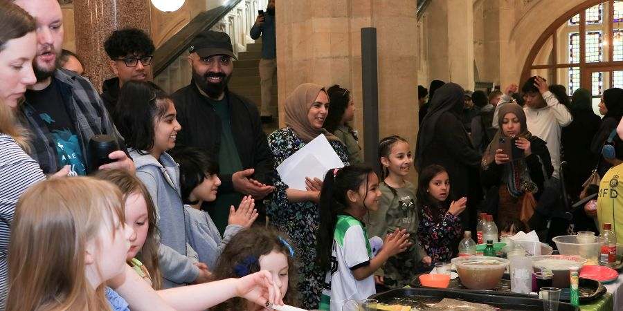 Families at the town hall.