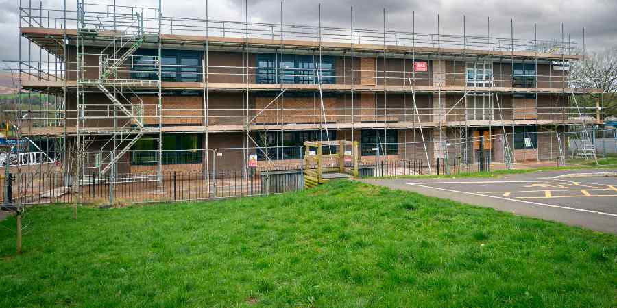 The building site with scaffolding.