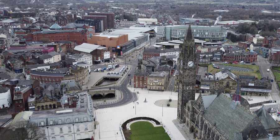 Aerial view of Rochdale town centre.