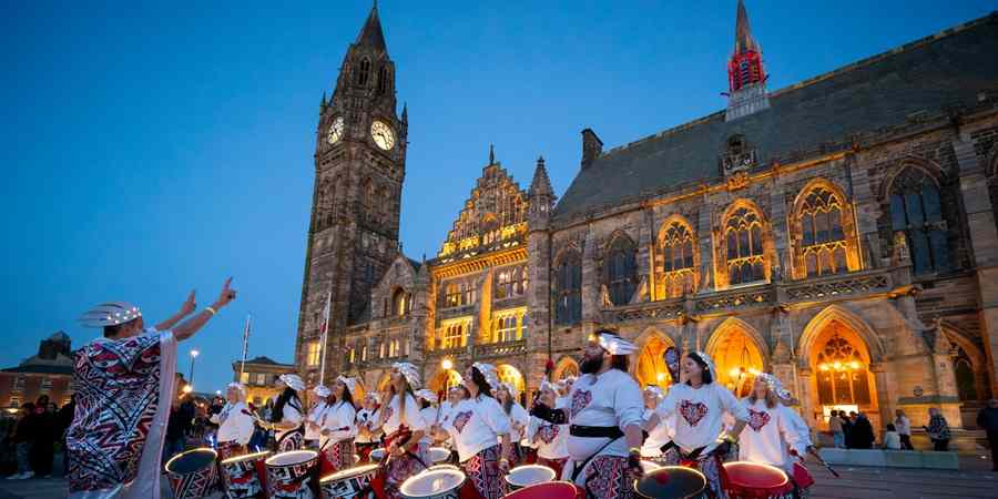 Drummers in front of Rochdale Town Hall.