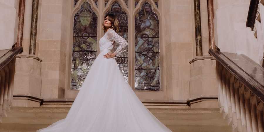 Bride modelling a wedding gown.