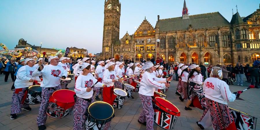 Drummers outside the town hall.