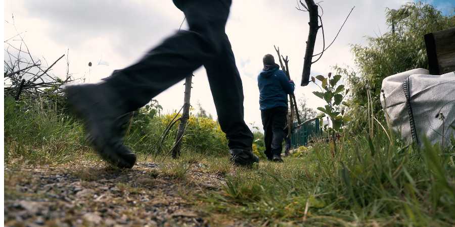 Close up of feet walking along forest floor.