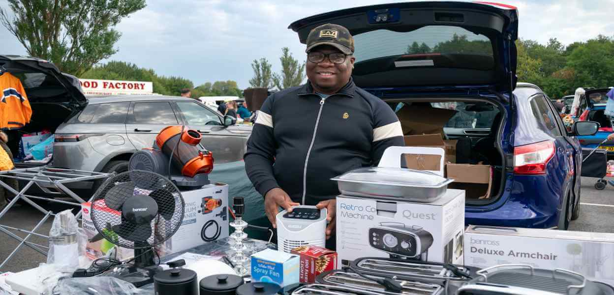 Seller at Bowlee Car Boot Sale.