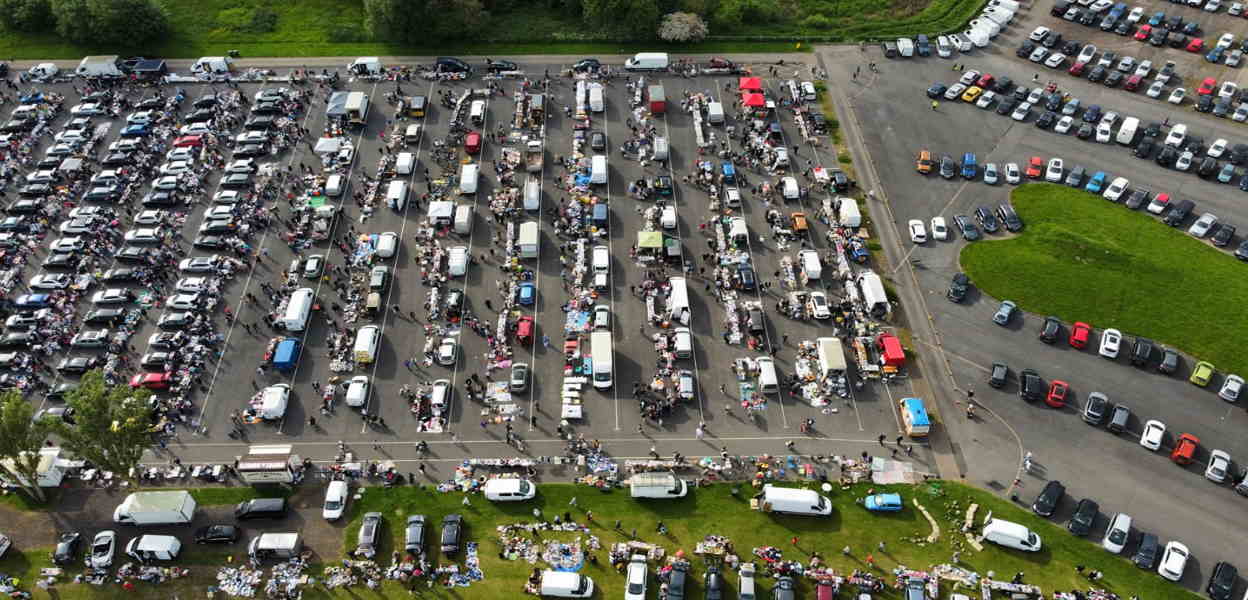 Aerial shot of Bowlee Car Boot Sale and Market.
