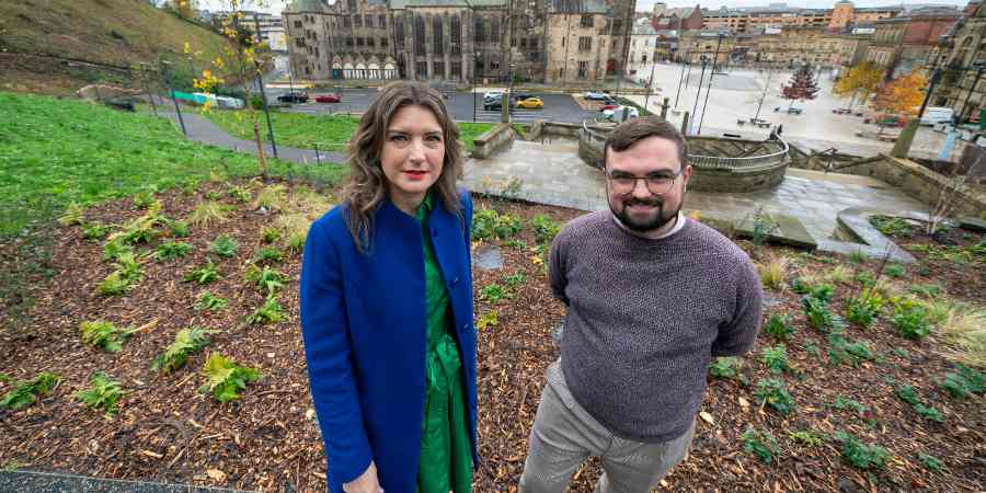 Helen Featherstone and Councillor Danny Meredith stood on Broadfield Slopes.