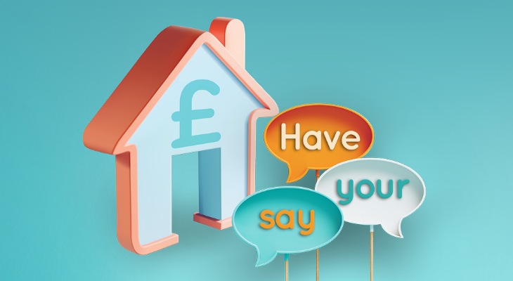 Illustrated house with speech bubbles reading have your say.
