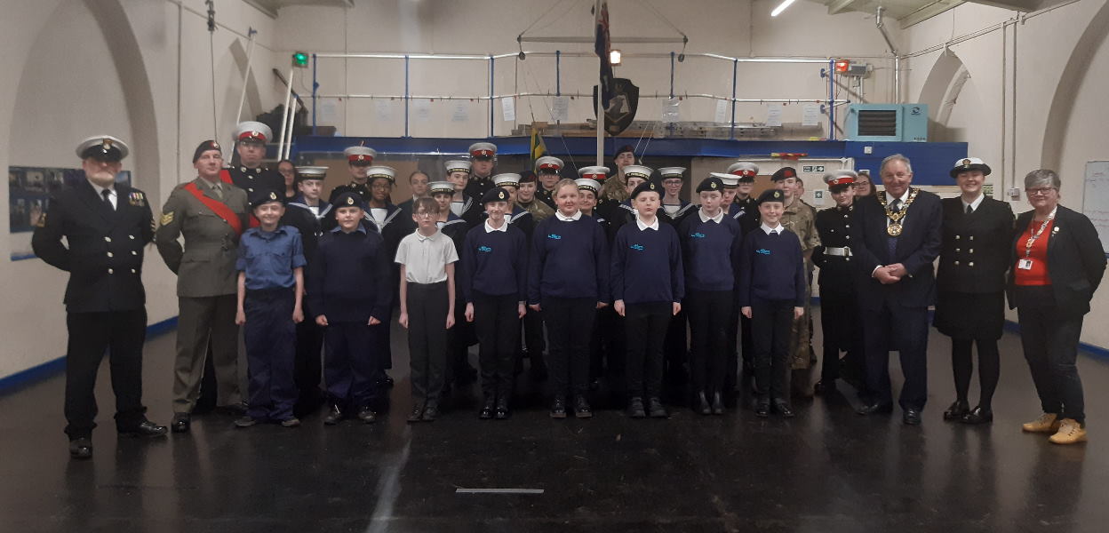 Sea cadets with officers and Councillors Mike Holly and Janet Emsley.