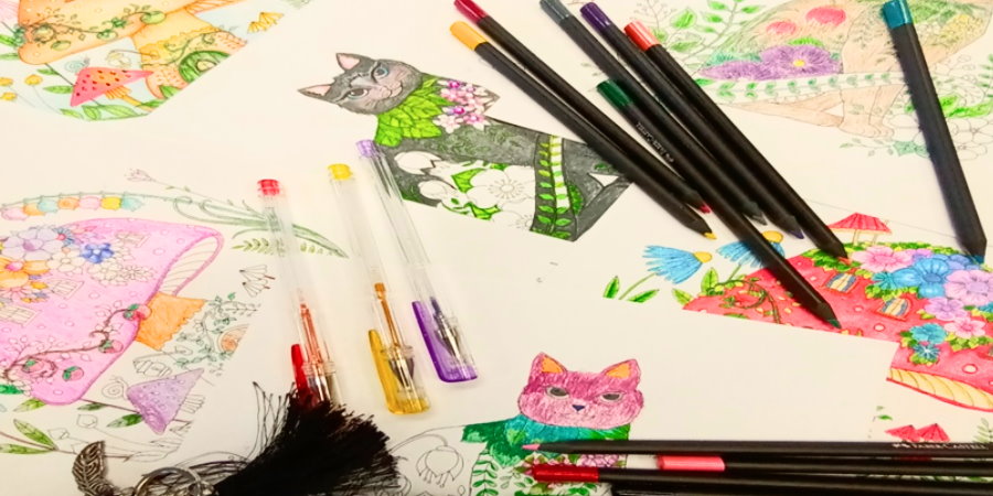Colouring pictures with pencils and pens.