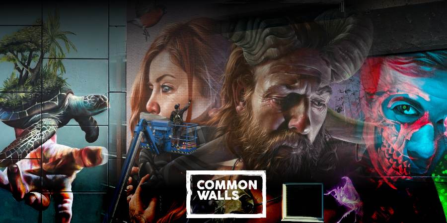 A collage of street murals and the Common Walls logo.