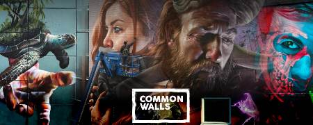 Collage of murals and Common Walls logo.