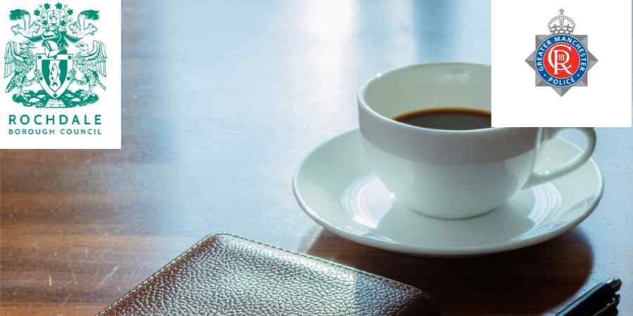 Cup of tea, alongside the crests of Rochdale Borough Council and Greater Manchester Police.