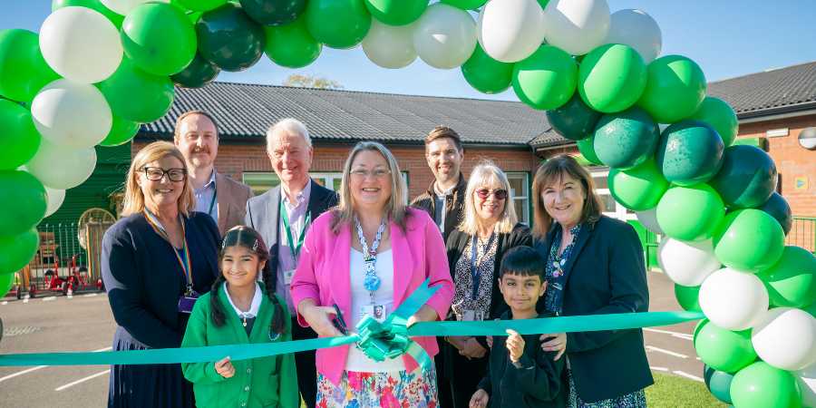 Councillor Rachel Massey with staff and pupils from the new facility.