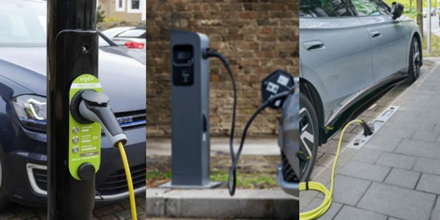 3 images of different electric vehicle chargers.