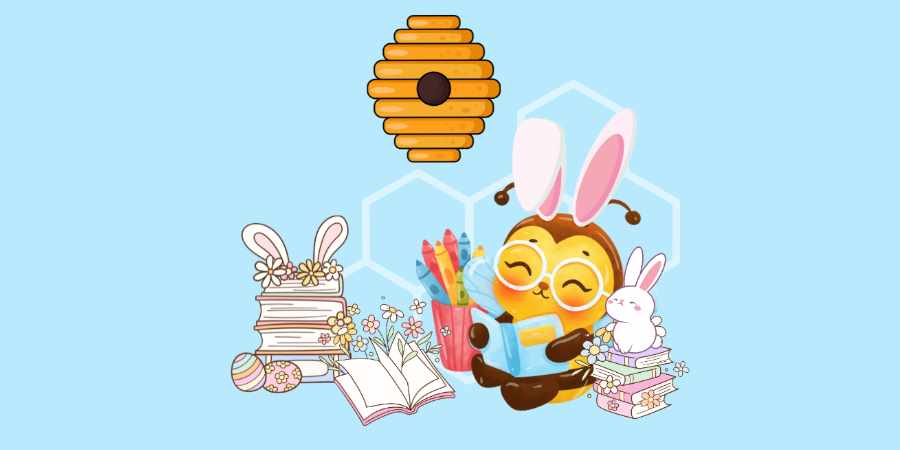Illustration of rabbit reading books.