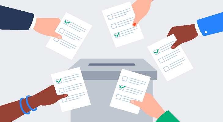 Illustration of hands holding ballot papers around a ballot box.