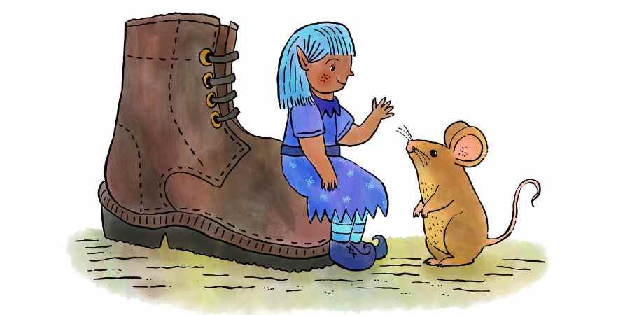 Illustration of smiling female elf and a mouse.