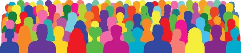 Crowd of silhouettes in a range of colours.