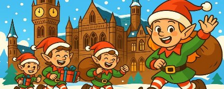 Cartoon elves in front of Rochdale Town Hall.