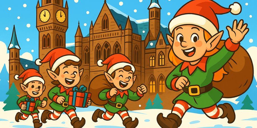 Cartoon christmas elves in front of a large gothic building.
