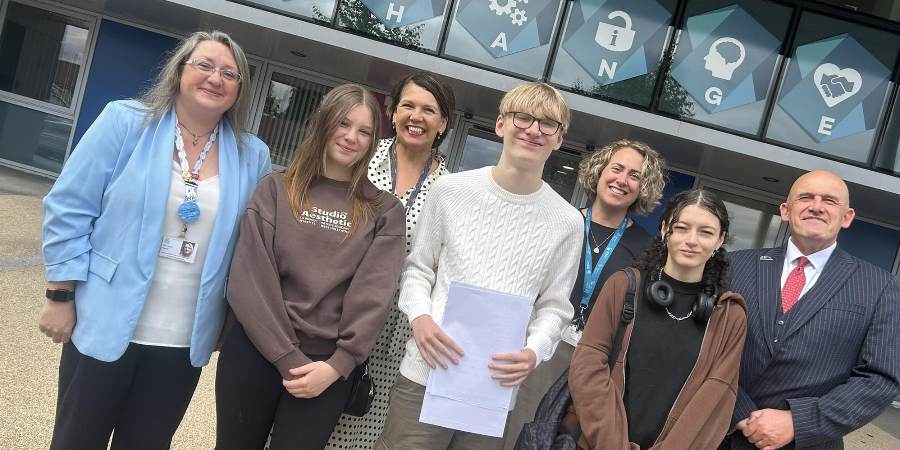 Councillor Rachel Massey with students and staff of Matthew Moss High School.