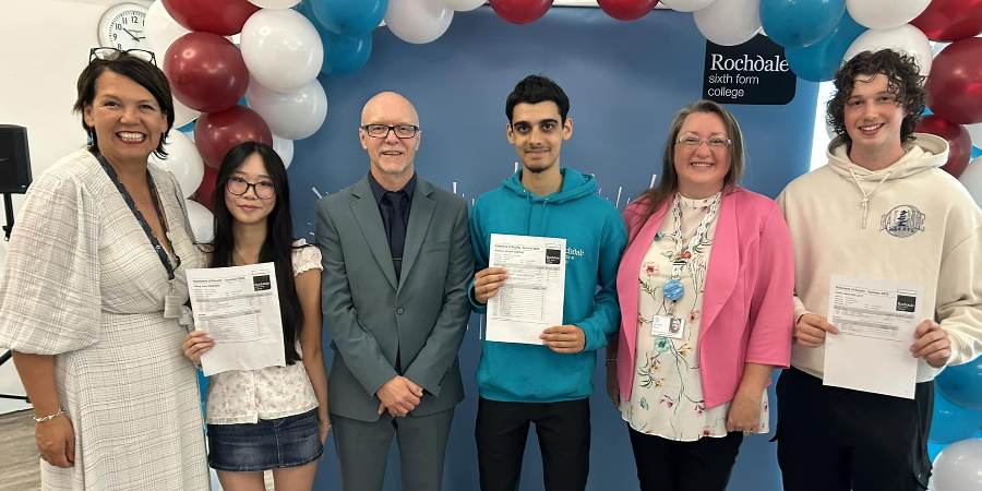 Councillor Rachel Massey with students and staff of Rochdale Sixth Form College.