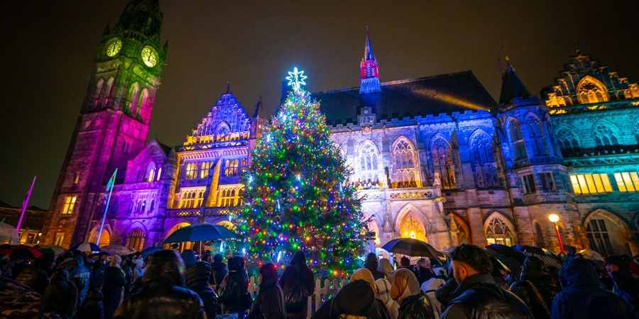 Rochdale Town Hall lit up at night.