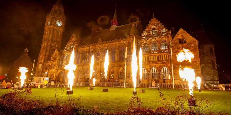 Flame pots in front of Rochdale Town Hall.