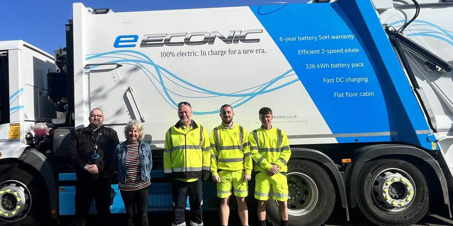 Councillor Tricia Ayrton, Karl Bircher and bin lorry crew.