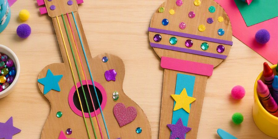2 cardboard musical instruments, a guitar and a microphone, decorated with colourful gems, pom-poms, and cut-out shapes.