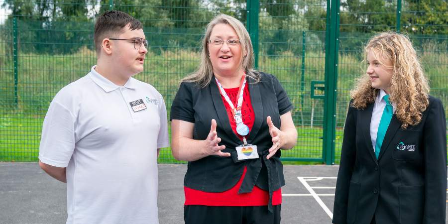 Councillor Rachel Massey with pupils.