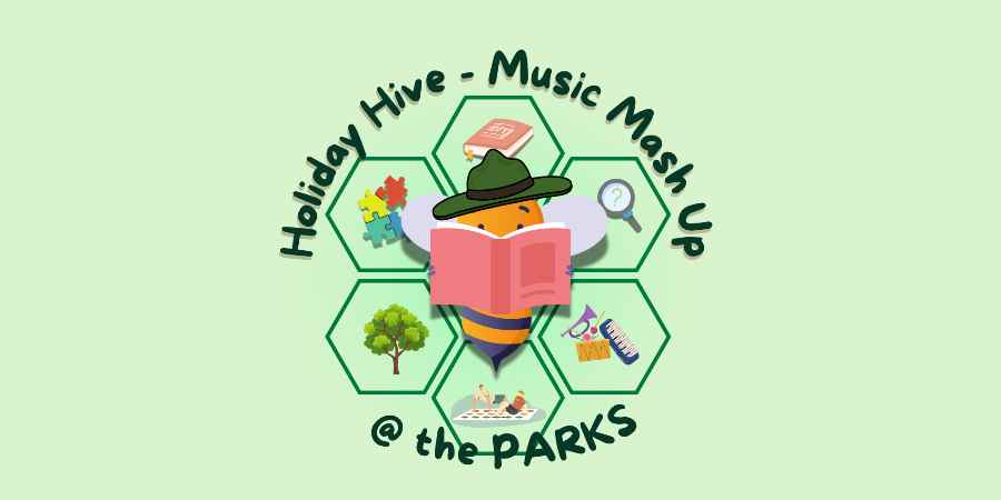 Logo with text, Holiday Hive Music Mash Up at the Parks.