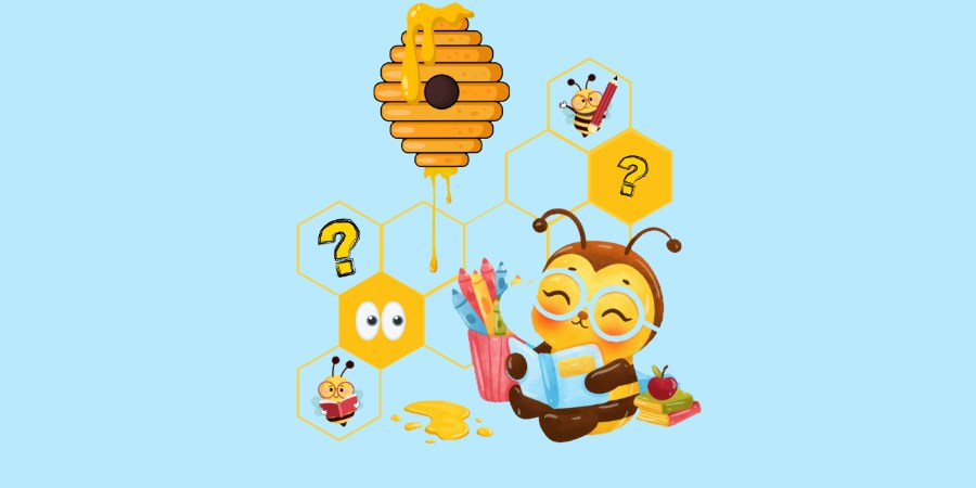 Cartoon bee reading a book.