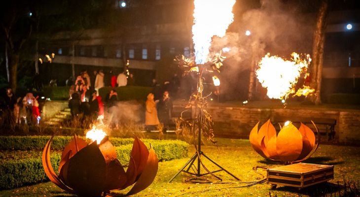 Metal lotus sculptures on a patch of grass shooting flames.