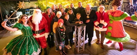 Visitors to Ignite fire festival with Councillor Janet Emsley and the mayor of Rochdale.
