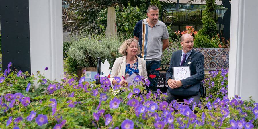 A floral display being judged.