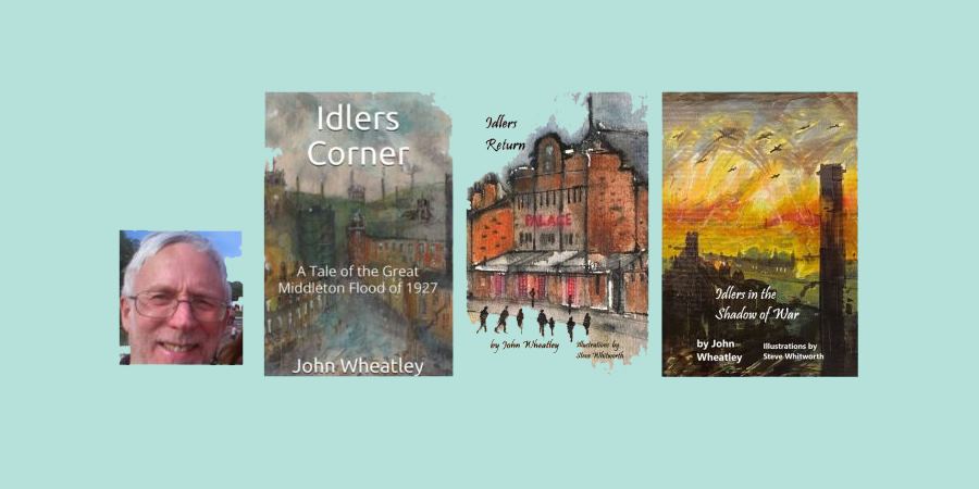 Portrait of John Wheatley with 3 of his books, Idlers Corner, Idlers Return and Idlers in the Shadows of War.