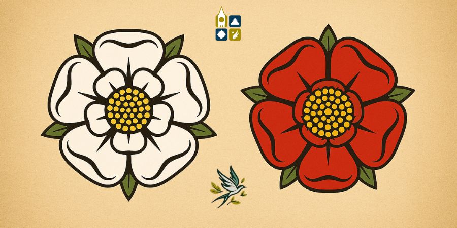 A white rose and a red rose on a light background.