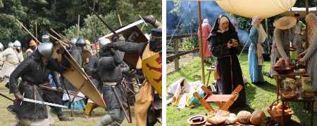 Knights clashing and a medieval encampment.