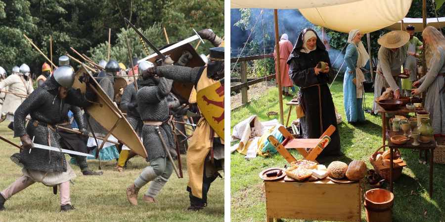 Knights clashing and a medieval encampment.