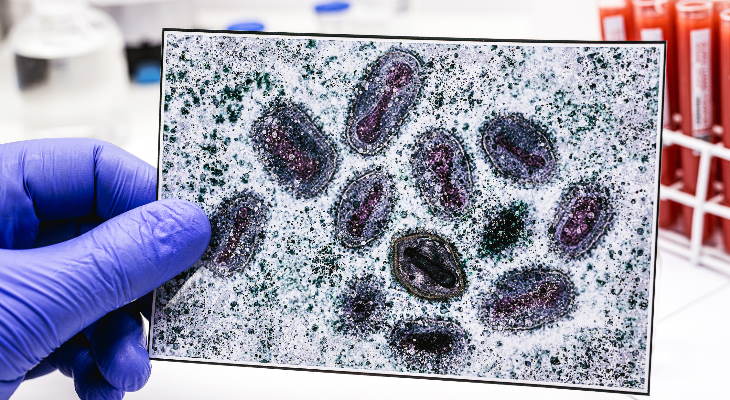 Gloved hand holding glass slide with image of virus cells.