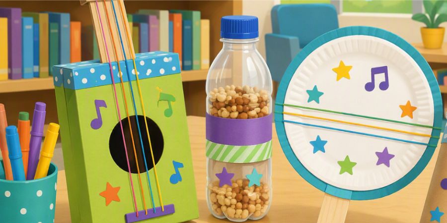 A handmade green guitar with colorful strings, a shaker bottle filled with beads, and a paper plate tambourine decorated with stars and musical notes.