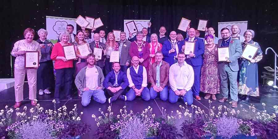 Council staff and volunteers with their awards on stage.