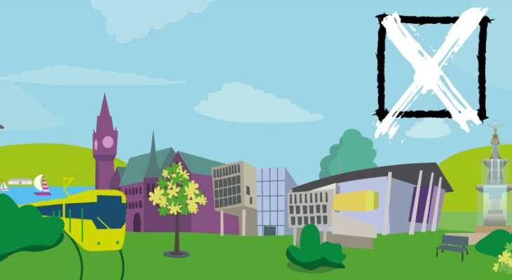 Illustration of tram passing Rochdale Town Hall and Middleton Arena.