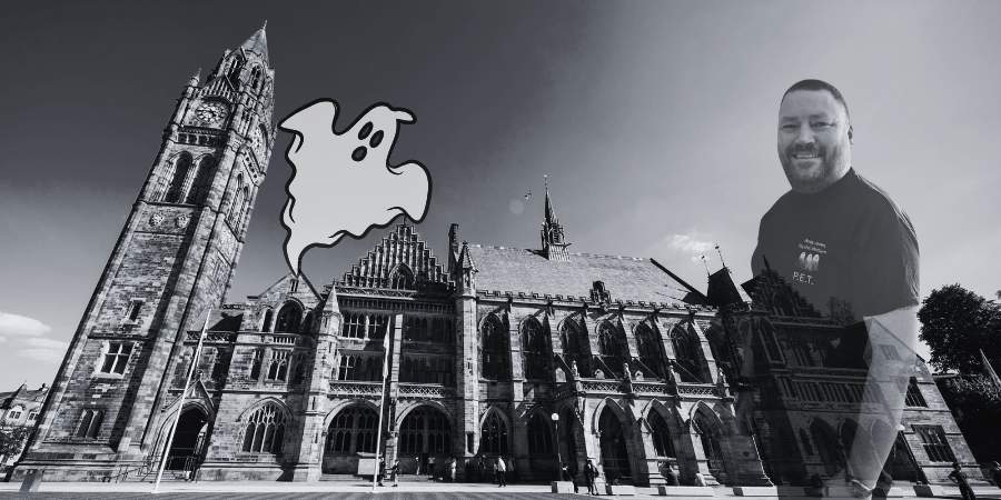 Rochdale Town Hall with illustrated ghost.