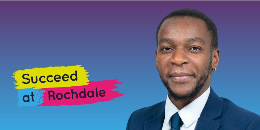 A person in a suit next to the words Succeed at Rochdale.